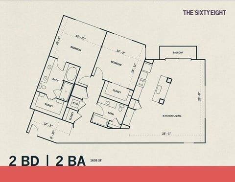 Floor plan for 2 beds, 2 baths, 1638 sqft